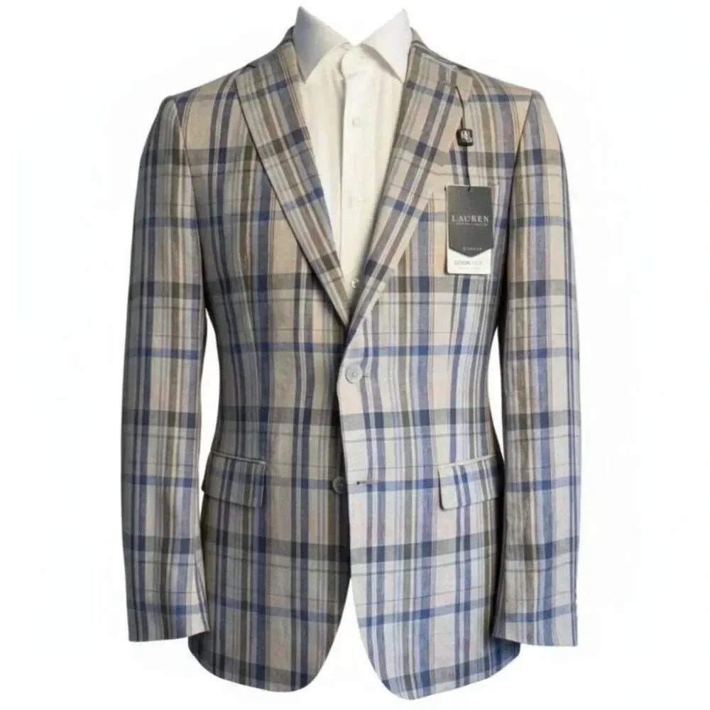 RALPH LAUREN Mens Blazer Sport Coat Two Button Jacket 44L Blue/Beige Linen Suit
